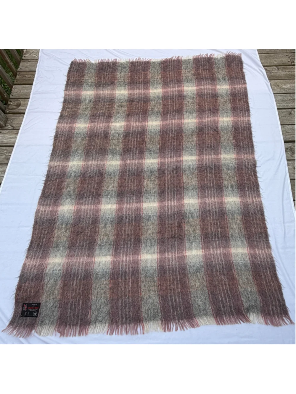 Vintage Glen Cree Mohair Throw Blanket Burgundy Grey Plaid 53” x 75” Scotland